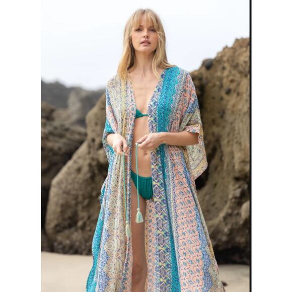 Lovestitch Take me to Coachella Paisley Maxi Kimono Turquoise Swim Cover - Picture 1 of 5